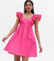 New Look Bright Pink Poplin Tie Back Square Neck Mini Dress